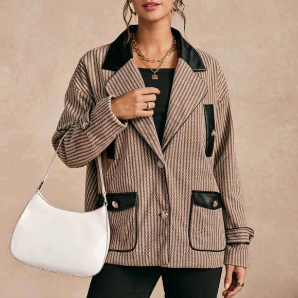 High-End Stylish Contrast Color Front Button Pocket Long Sleeve Blazer - Picture 1 of 5